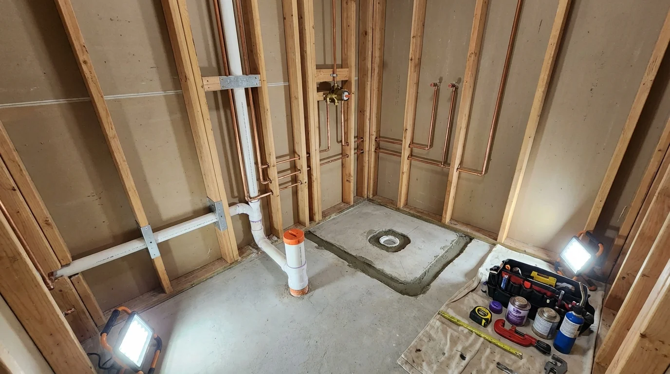 Bathroom rough-in plumbing during remodel by Johns Plumbing LLC in Bamberg