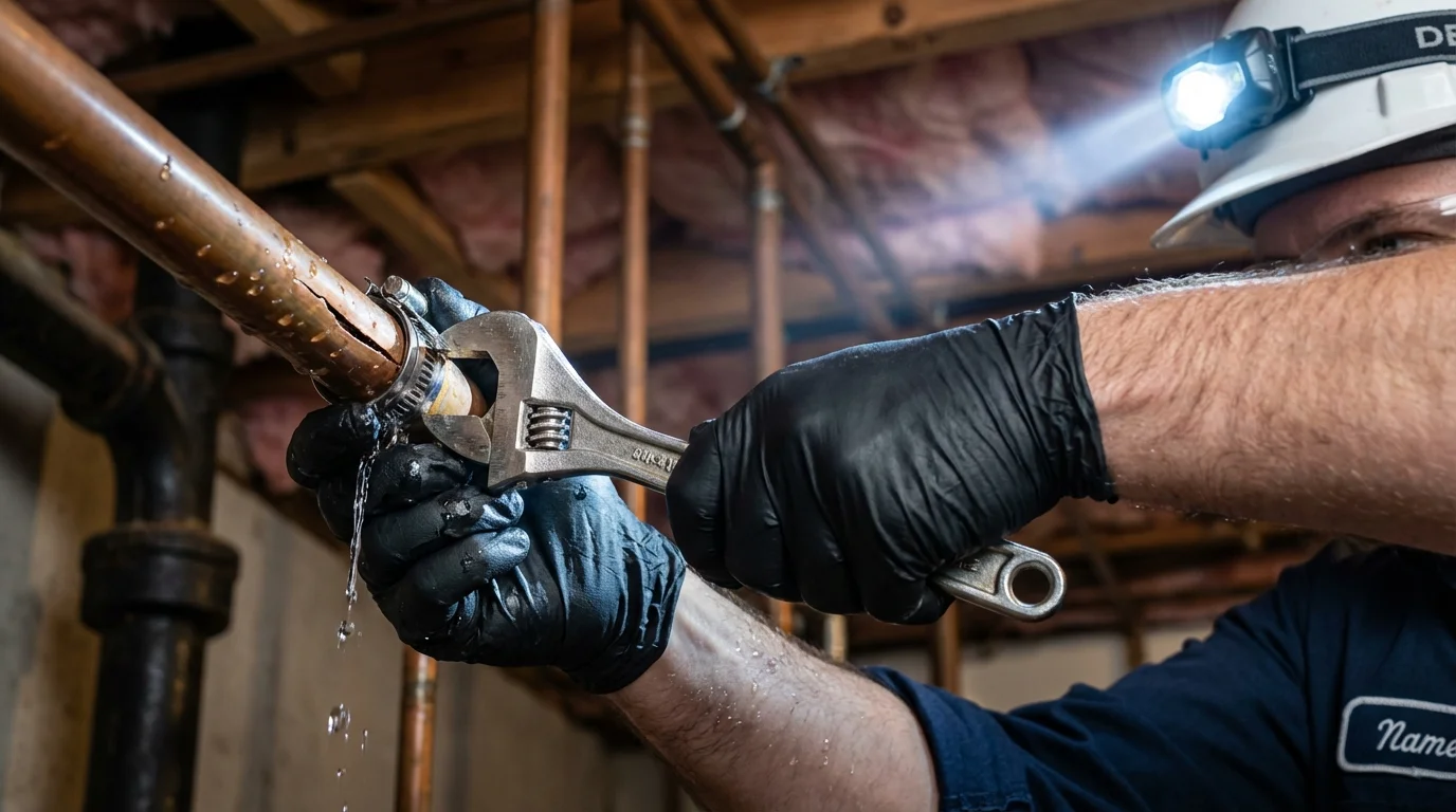 Emergency pipe clamp repair being performed by a Johns Plumbing LLC plumber in Bamberg