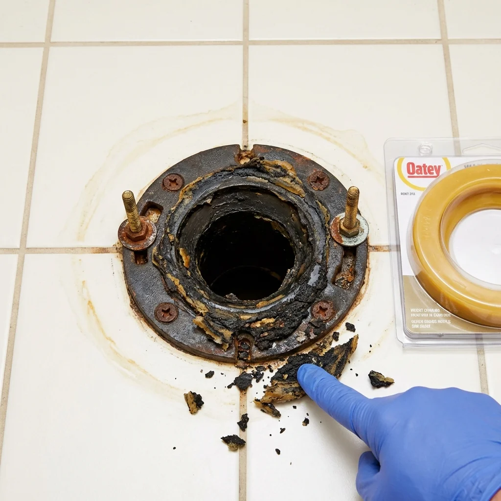 Failed wax ring showing water seepage at the base of a toilet in a Bamberg, SC home