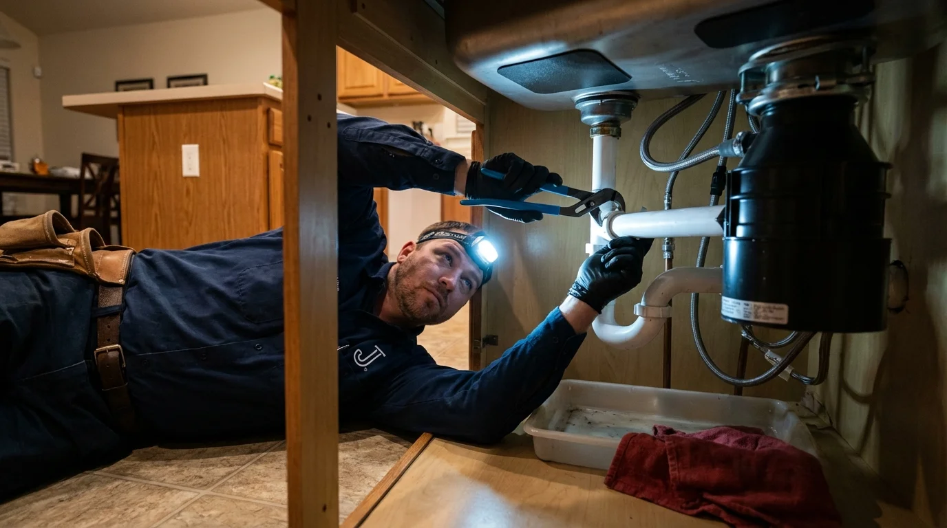 P-trap and supply line connections under a kitchen sink showing a common leak point in Bamberg, SC
